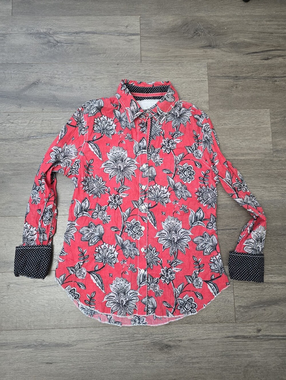 Cino Red Floral Button Up Black White Polka Dot Contrast Size XS